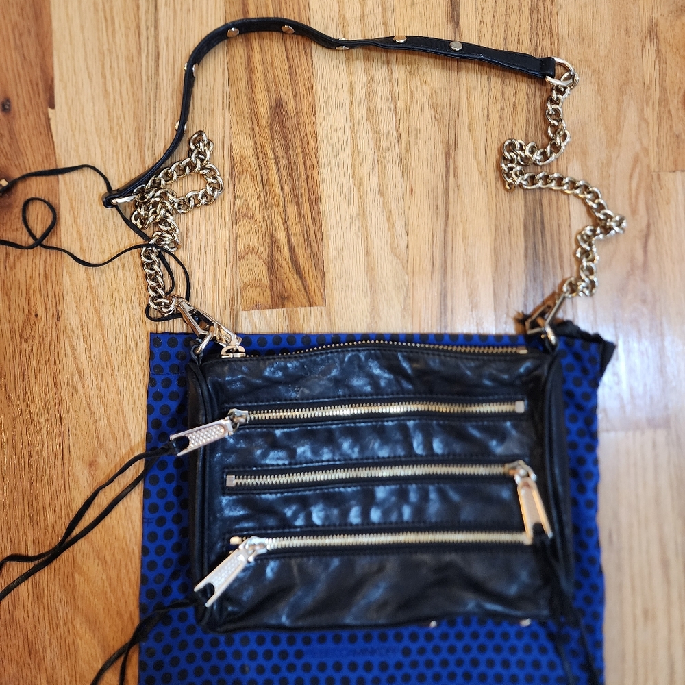 Rebecca Minkoff Moto 3 Zip Leather Chain Crossbody Handbag Plum 9”W x 6”H